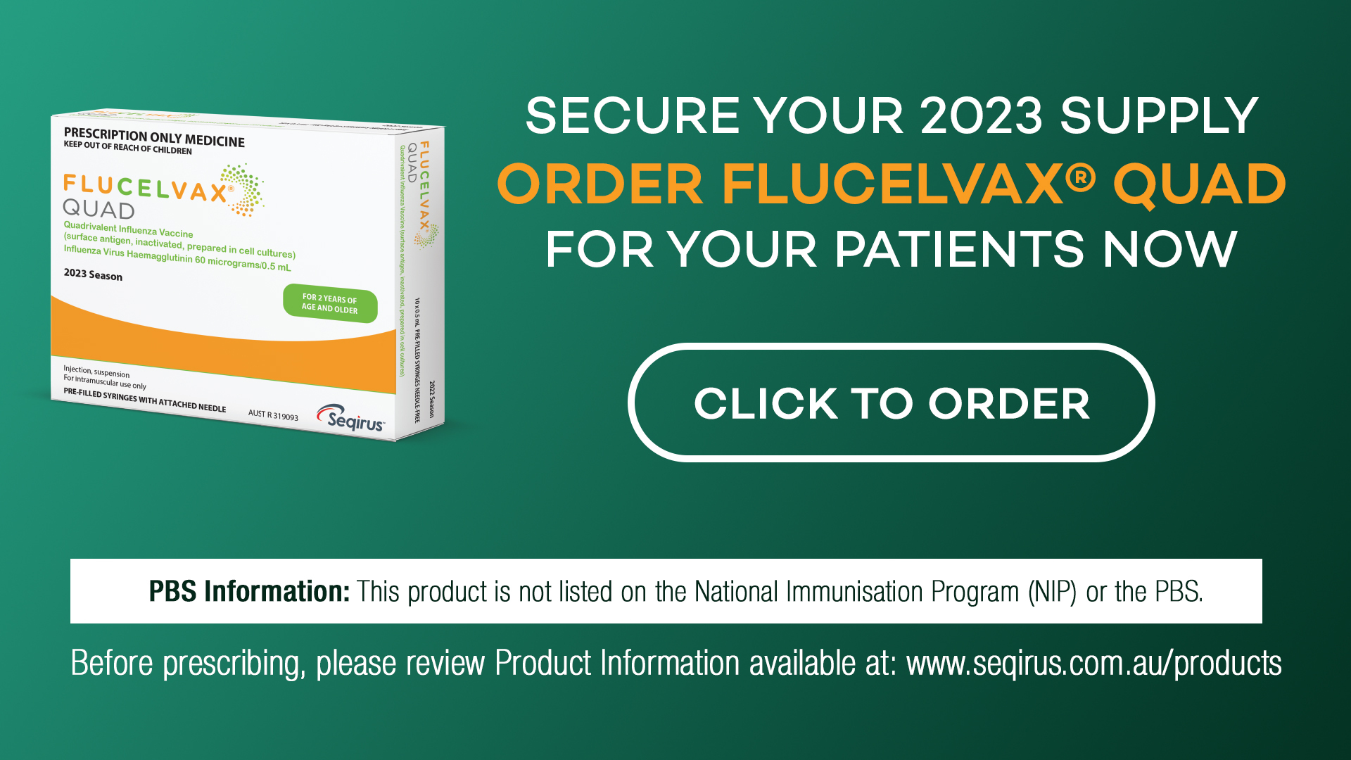 Flucelvax Quad vaccine box with call-to-action to order 2023 supply for patients, highlighting vaccination availability