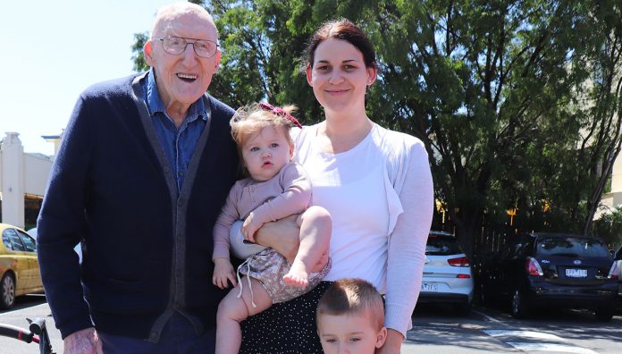 bill-lumley-100-years-feature Bill Lumley MPS with his granddaughter and great-grandchildren