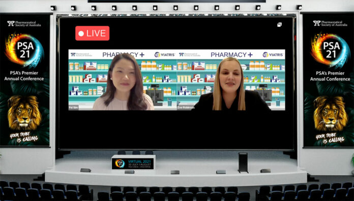 PSOTY-feature 2021 Pharmacy Student of the Year winner Zoe Robinson (right) speaking with Dr Fei Sim FPS