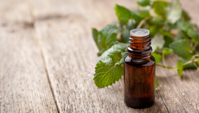 bottle with essential mint oil Bottle of essential oil with fresh mint leaves, illustrating mythic mint benefits