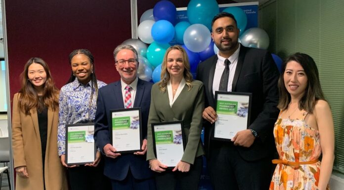 Four outstanding WA pharmacists celebrated Four outstanding WA pharmacists holding awards, standing with two colleagues at a celebration event