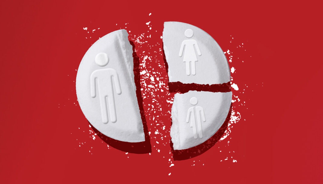 Web--1280-x-728 Broken tablet with male and female symbols, representing the gender pain gap in healthcare