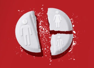Are unconscious gender biases widening the Australian gender pain gap? Broken tablet with male and female symbols, representing the gender pain gap in healthcare