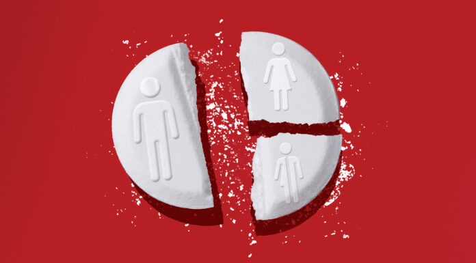 Are unconscious gender biases widening the Australian gender pain gap? Broken tablet with male and female symbols, representing the gender pain gap in healthcare