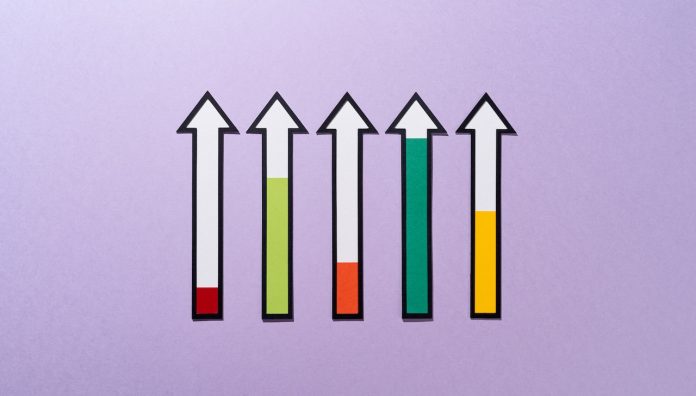 Progress Bar Arrows Bar Chart on Purple Background Directly Above View.