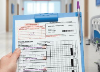 Pharmacist holding a folder and sheet.