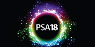 PSA18 text in a circle with multicoloured light reflections