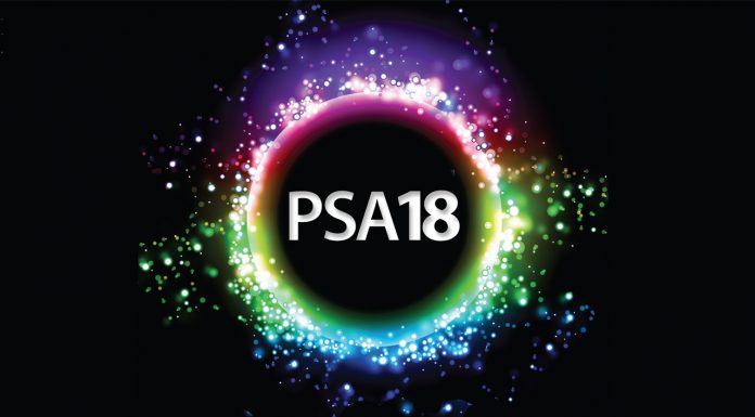 PSA18 text in a circle with multicoloured light reflections