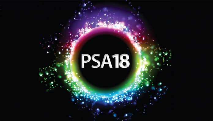 PSA18 text in a circle with multicoloured light reflections