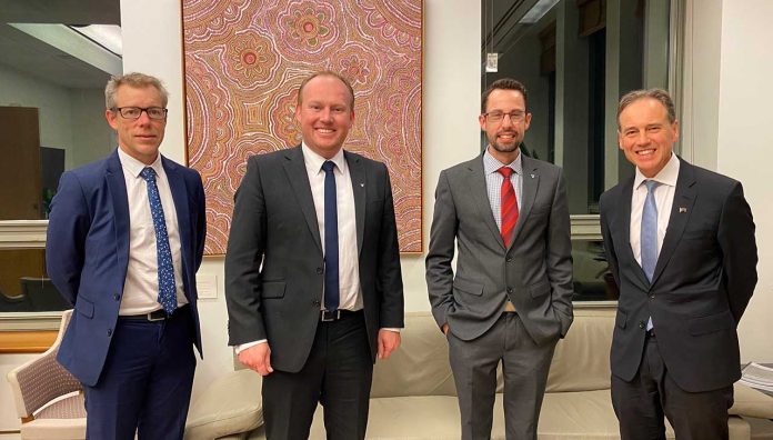 PSA's lead 7CPA negotiator Dr Shane Jackson, CEO Mark Kinsella and National President Associate Professor Chris Freeman with Federal Health Minister Greg Hunt.