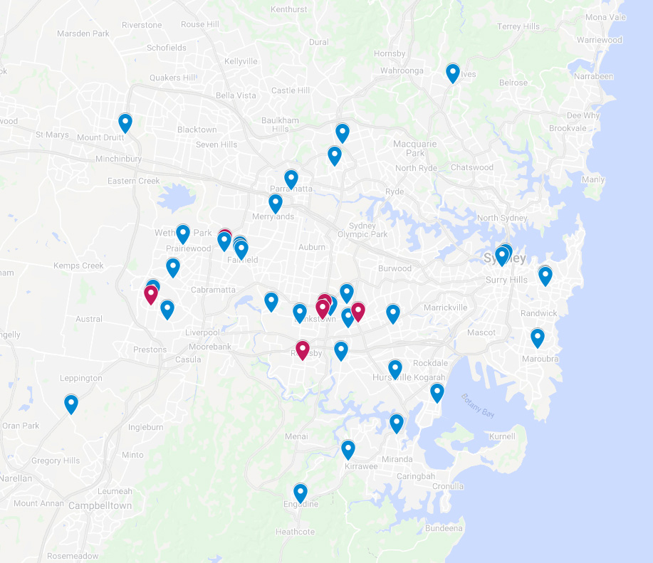 Greater Sydney community pharmacy exposure sites (from 5 July). Red indicates sites where immediate isolation for 14 days was required.