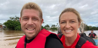 Pharmacist Skye Swift MPS (right) hitches a ride with surfing champion Mick Fanning in northern N
