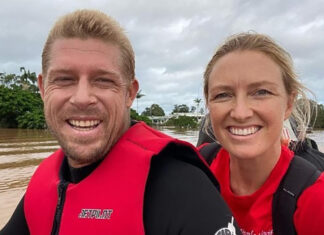 Pharmacist Skye Swift MPS (right) hitches a ride with surfing champion Mick Fanning in northern N