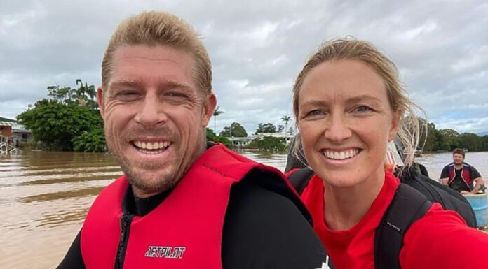 Pharmacist Skye Swift MPS (right) hitches a ride with surfing champion Mick Fanning in northern N