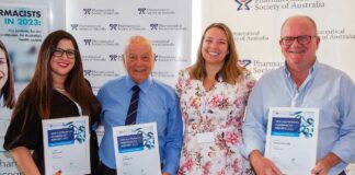 PSA's NSW award winners. From left: Dr Sarira El-den MPS, Grahame Cox MPS, NSW Branch President Chelsea Felkai MPS and Luke Kelly FPS.