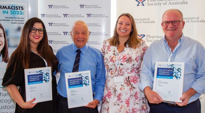 PSA's NSW award winners. From left: Dr Sarira El-den MPS, Grahame Cox MPS, NSW Branch President Chelsea Felkai MPS and Luke Kelly FPS.