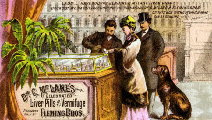drawing of a 19th century pharmacy